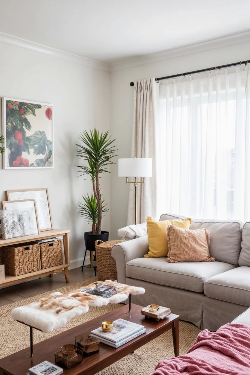 Family-friendly lounge room with neutral tones and soft textures