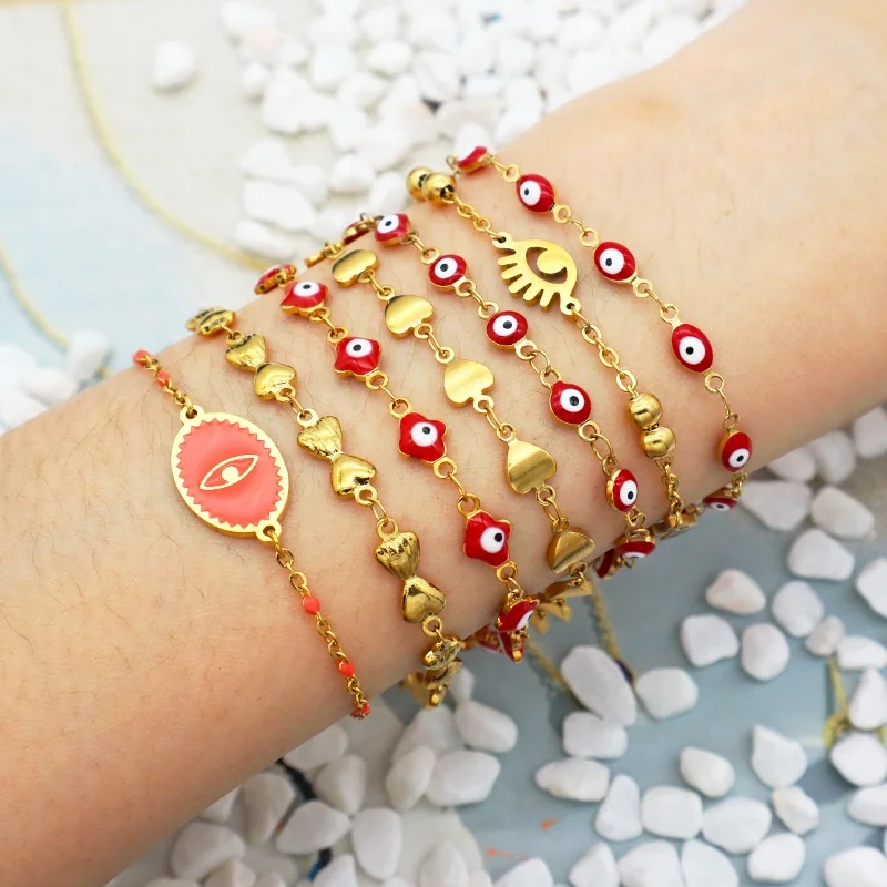 

Oval enamel women jewelry 18k gold plated stainless steel charm red blue eye bracelet set evil eyes bangle bracelet, Multi