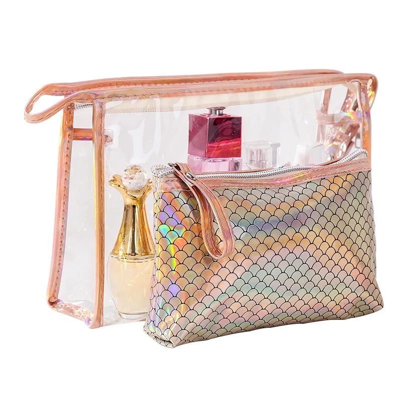 

.stock Pu+ PVC travel organizer makeup cosmetic bag with sequins 2pcs one set