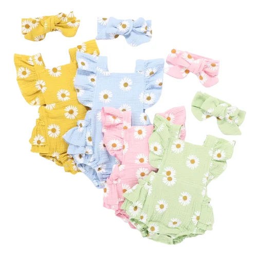 

2022 Newborn Girls Daisy Ruffled Bodysuit Fly Sleeve Floral Print Jumpsuit Headband 2PCS Infant Summer Clothes Baby Rompers