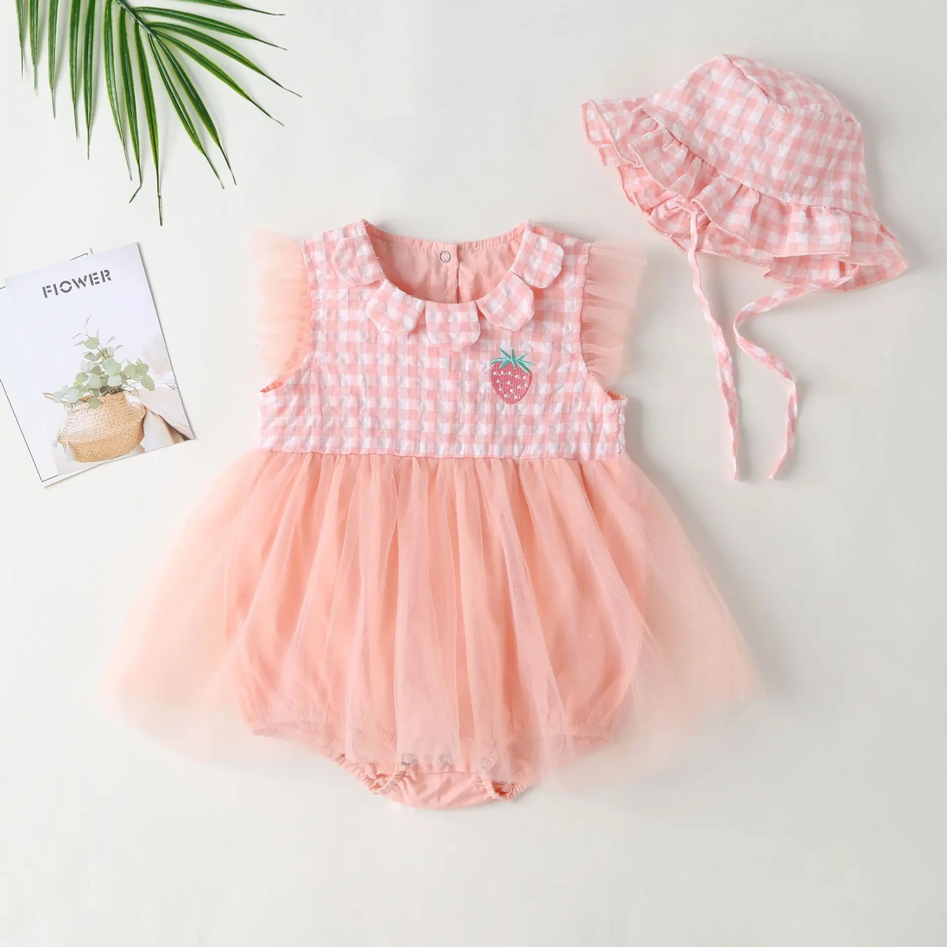 

Summer Baby Clothing Short Sleeve Baby Girl Bodysuit Tutu Skirt Style Toddler Girls Korean Baby Plaid Clothes Hat, As picture