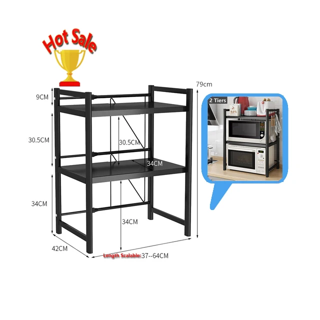 

Microwave Oven Rack Expandable and Height Adjustable Microwave Shelf 2 Tier Shelf and Organizer For Kitchen With 3 Hooks