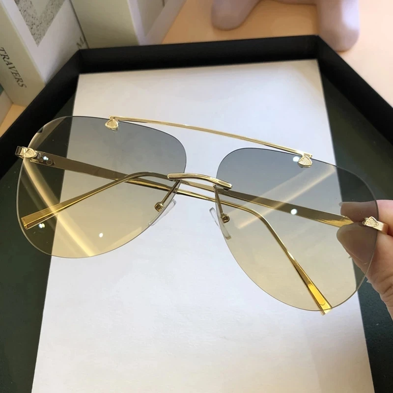 

2022 Brand Gradient Sun Glasses Female Metal Oval Shades Black Brown Vintage Rimless Alloy Aviation Pilot Sunglasses For Men