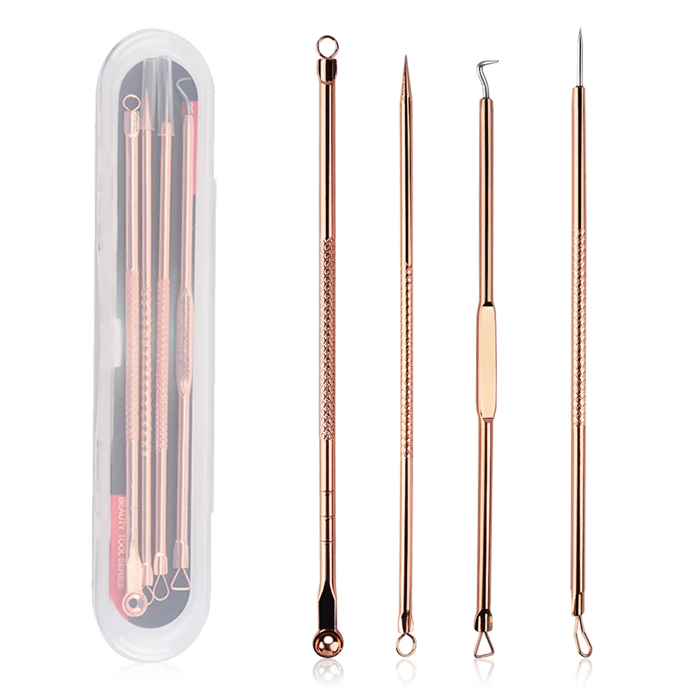 

Ready to ship comedone acne blackhead extractor tool 4pcs gold color stainless steel with case package, Rose gold