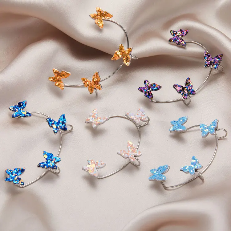 

SC Fashion No Piercing Butterfly Ear Clips Adjustable Silver Wrapped Earrings Shiny Sequins Butterfly Ear Cuff Earrings Women, White, blue, purple