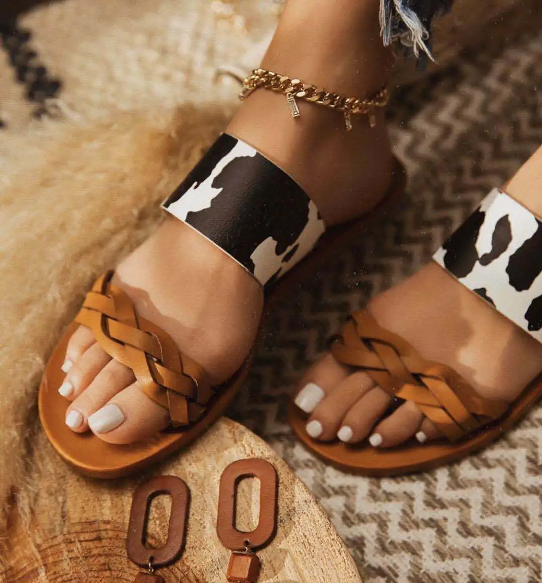 

Summer New Style Women Fashion Pu Sandals Flat Leather Ladies Slippers For Woman, Snake print, leopard print