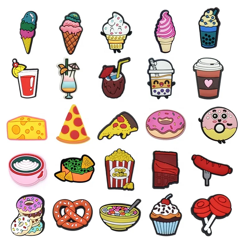 

XH-57 PVC Cute Pizza Shoe Charms Hotdog Chocolate Popcorn cake cheese Pepperoni Fit Croc Shoe Decorations, Accept customized