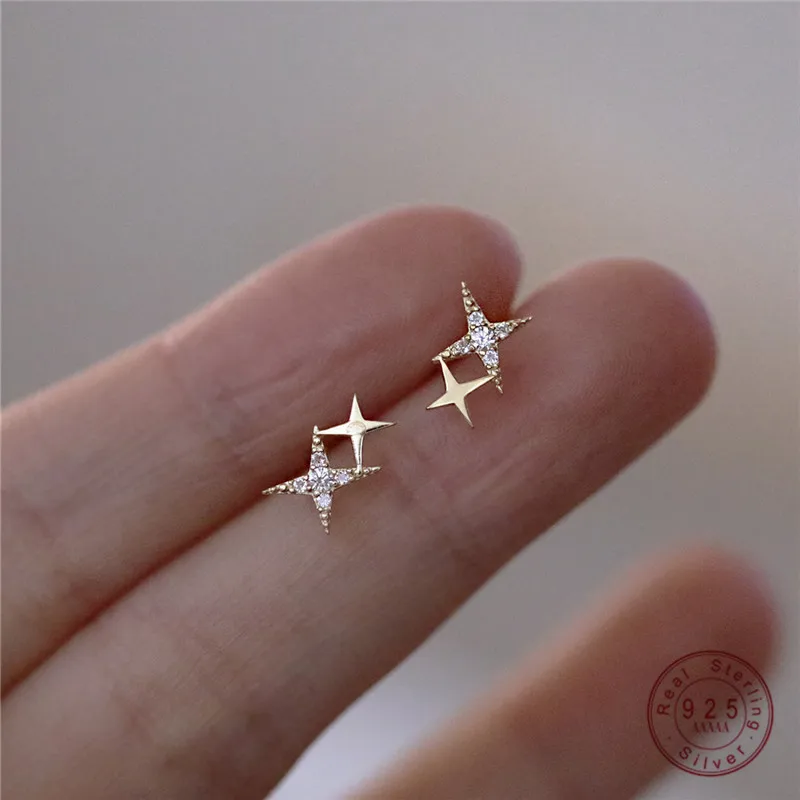 

Women Small Cute Banquet Jewelry Earrings Gold Micro Inlaid Crystal 925 Sterling Silver Bling Four-pointed Star POP Zircon 2pcs