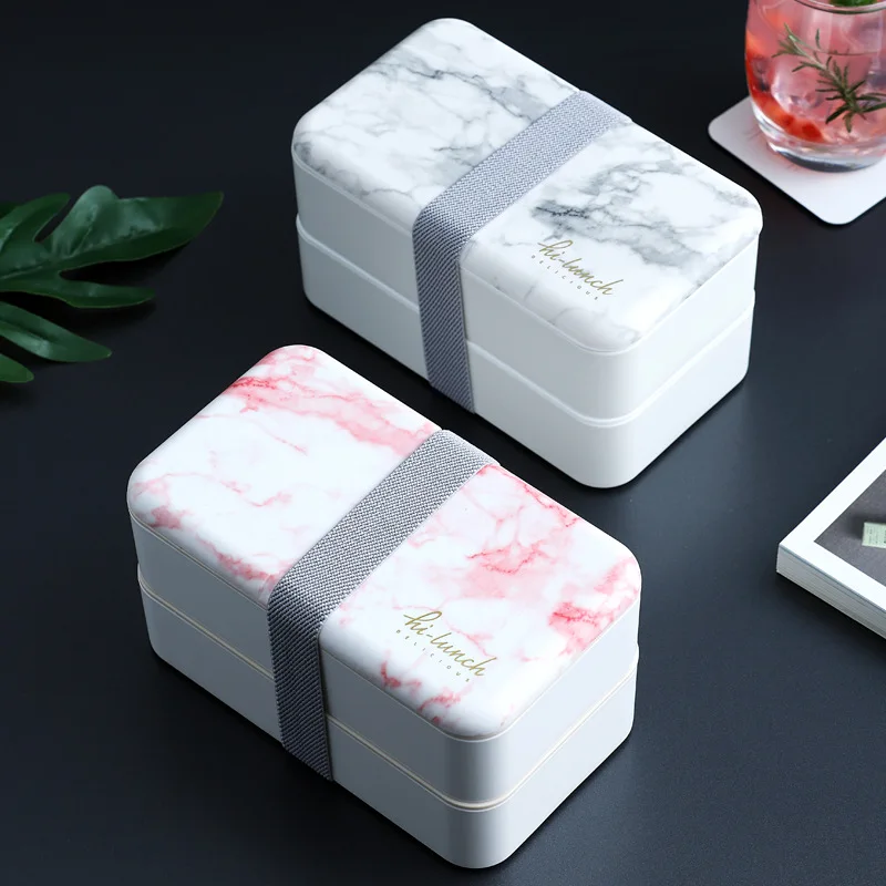 

INS Marbled Japanese Double-layer Plastic Tiffin Lunch Box With Chopsticks Spoon Microwave Office Student Rectangular Bento Box