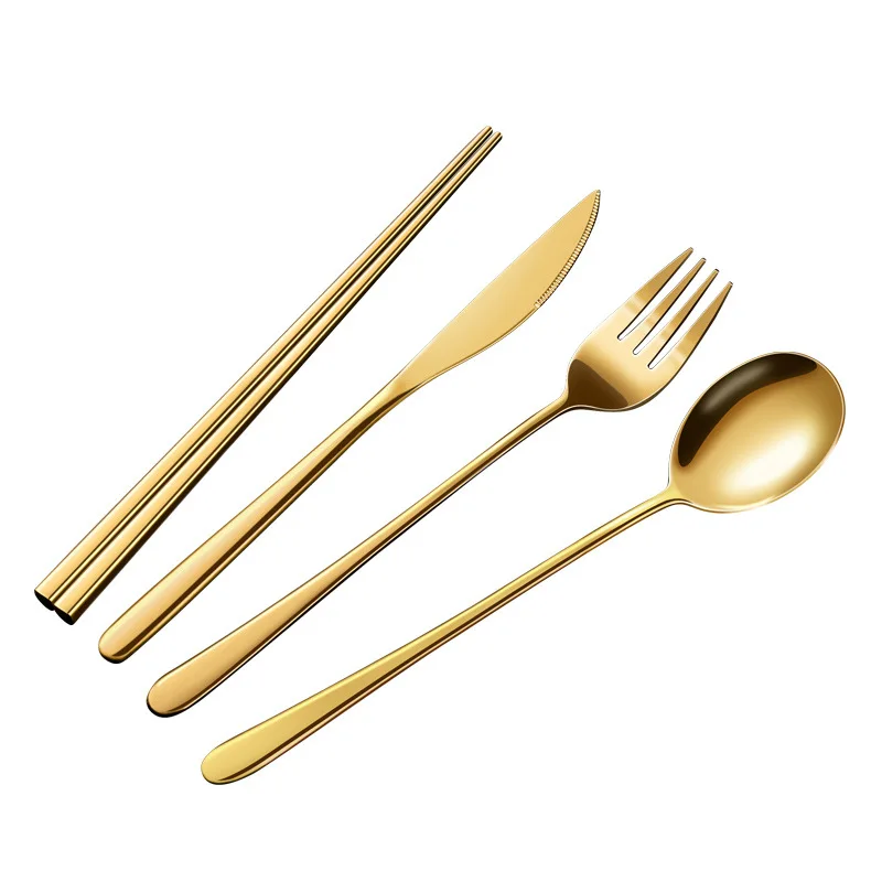 

SS304 Korean Knife Fork Spoon Travel Set Custom Logo Gold Flatware With Case