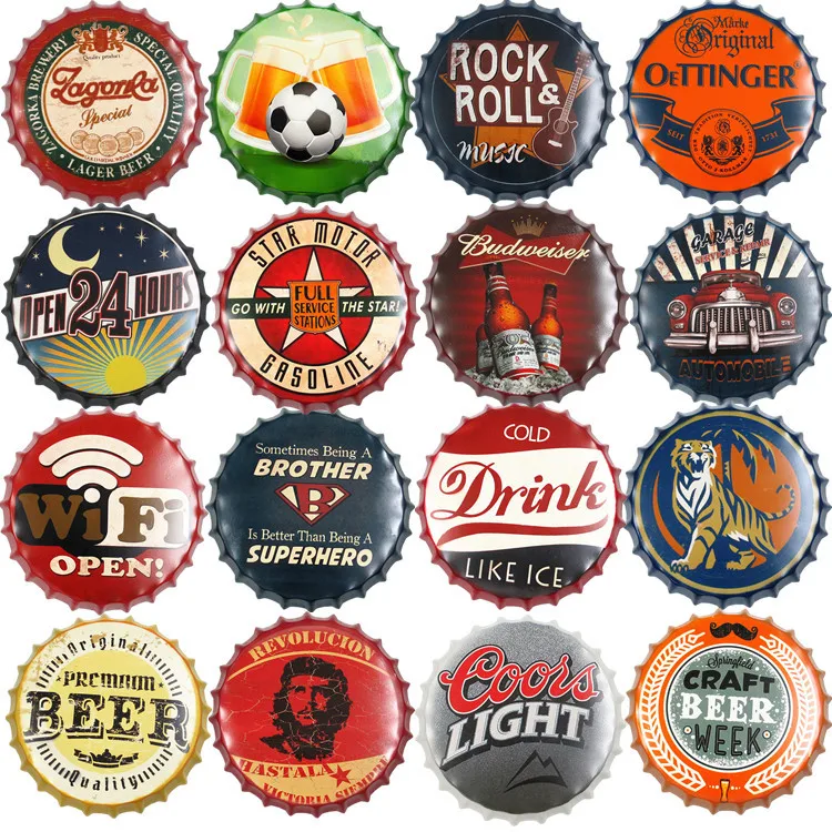 
High quality dia 35cm bottlecap tin signs for hotel bar wall decoration retro vintage style metal signs 