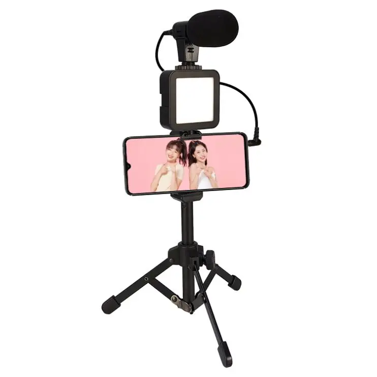 

wholesale vlogging equipment smartphone video kit with recording microphone fill light forpodcast broadcast, Black