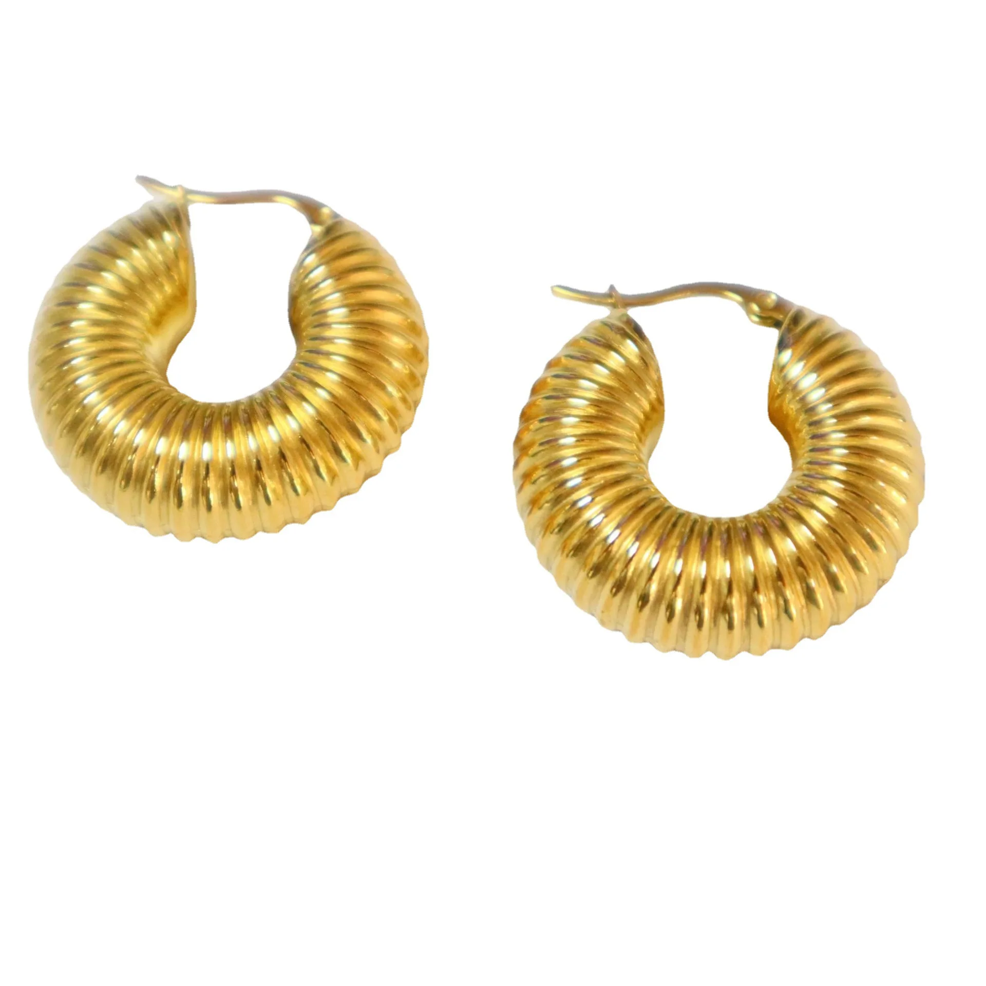 

2022 Newest Design Stainless Steel Round Circle Chunky Clip On Earrings Gold Plated Textured Hoop Earrings For Girls