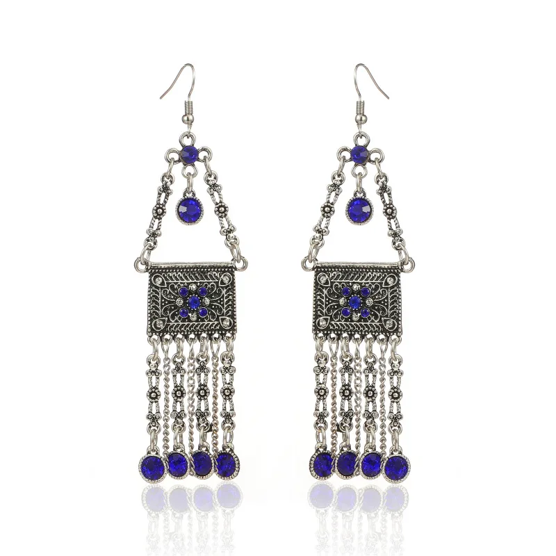 

Elegant Silver Plated Geometric Tassel Colorful Full Crystal Earrings Chain For Women Jewelry