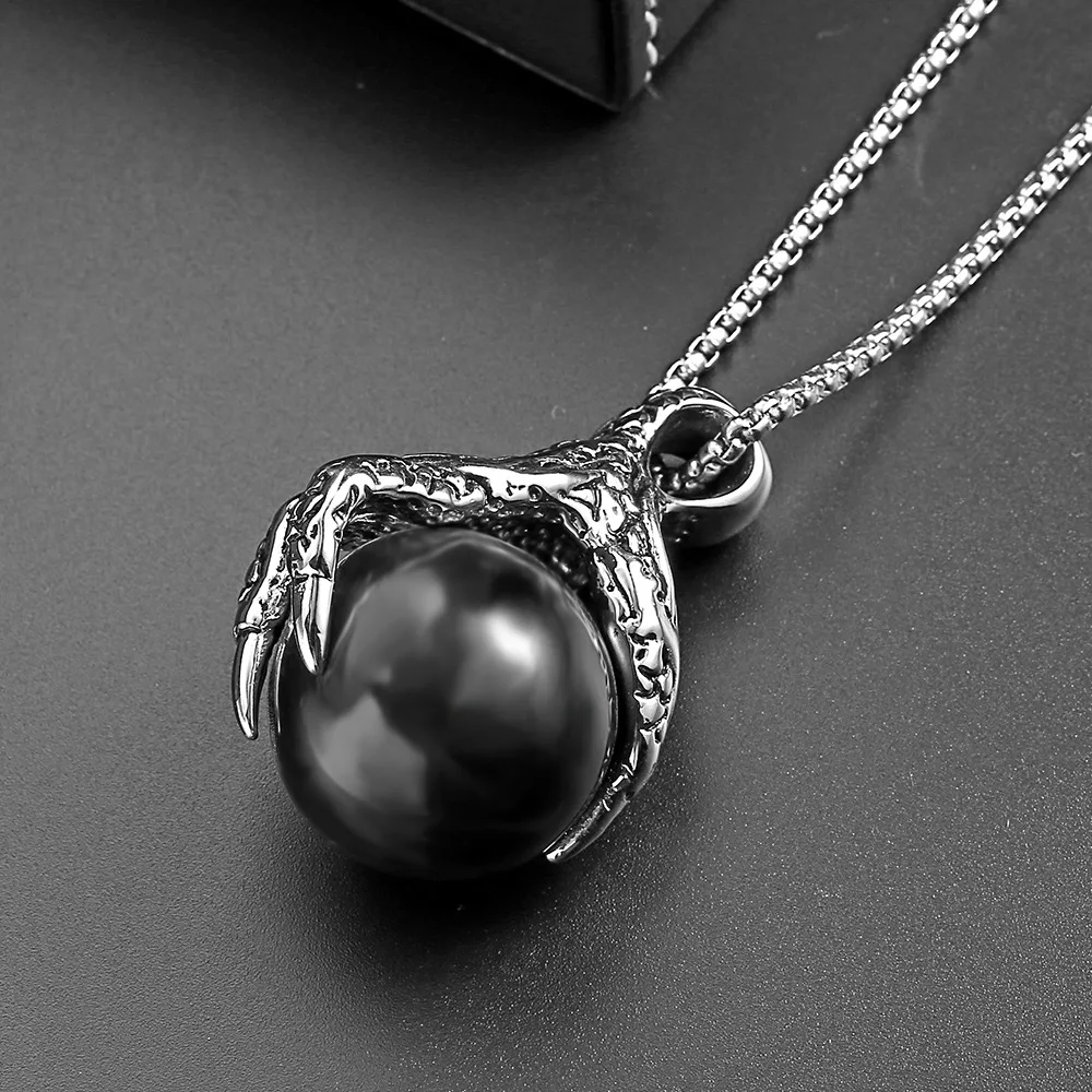 

Retro personality stainless pendant black agate domineering Stainless steel men's eagle claw Dragon Ball necklace