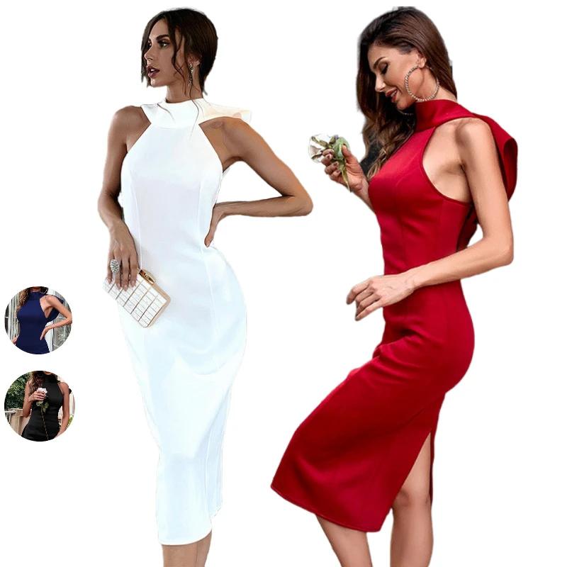 

Candice EBAY AliExpress hot sale Simple tube top mesh solid split satin white women gown evening party wear dress
