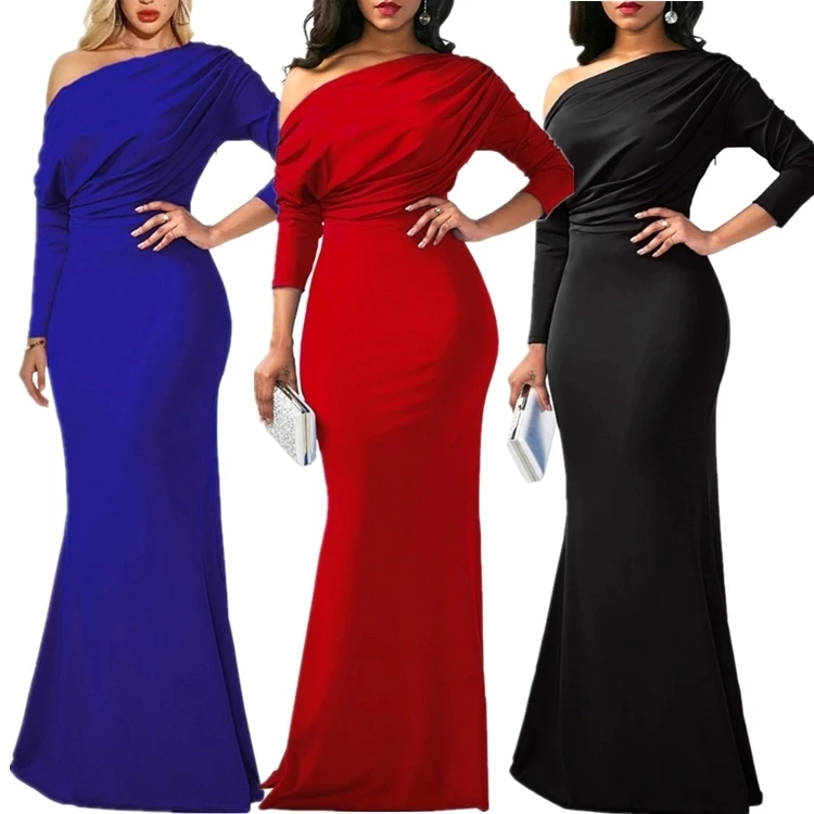 

Wholesale Women Black One Shoulder Elegant Long Evening Dress, Red