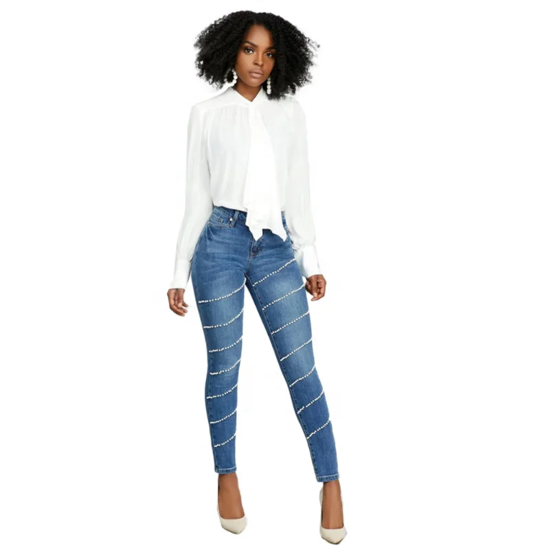 

Women's Clothing Sexy Club Wear Party Dress Pearl Skinny Jeans, Blue
