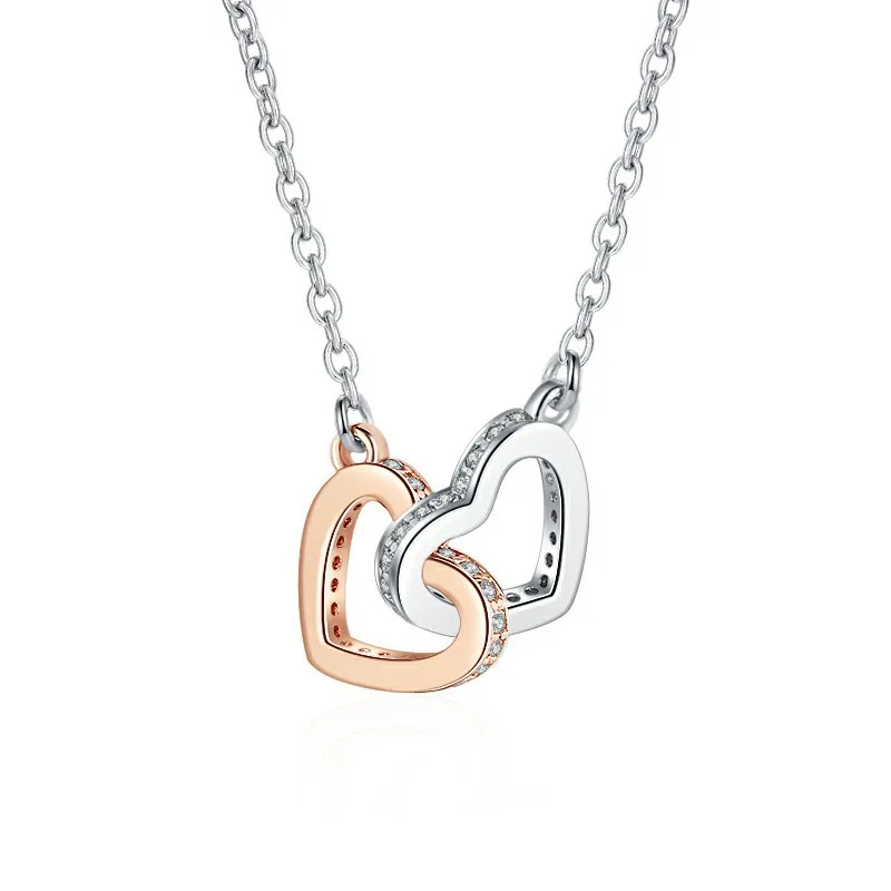 

S925 Silver Double Heart Zircon Necklace Women Fashion Wedding Rose Heart Pendant Necklace