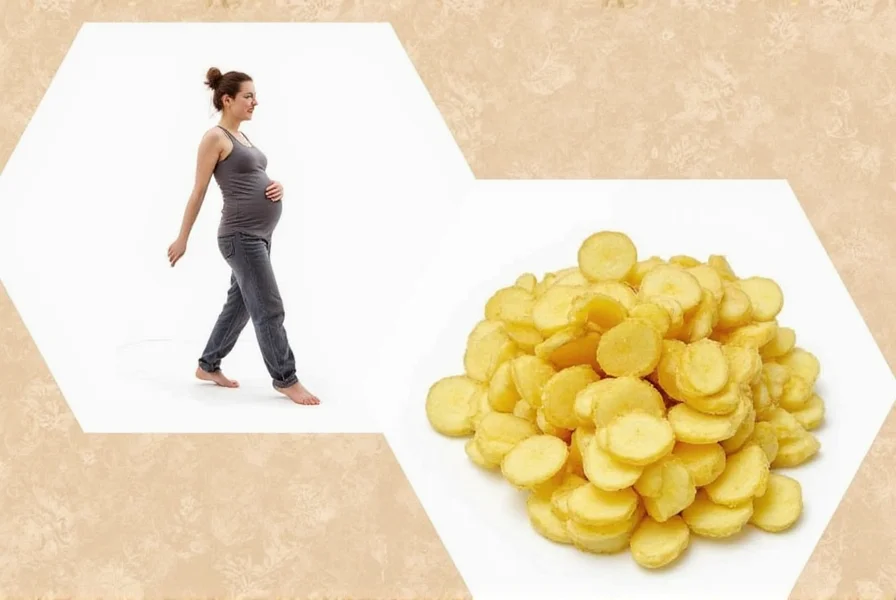 Fresh ginger root slices next to a cup of ginger tea for pregnancy nausea relief