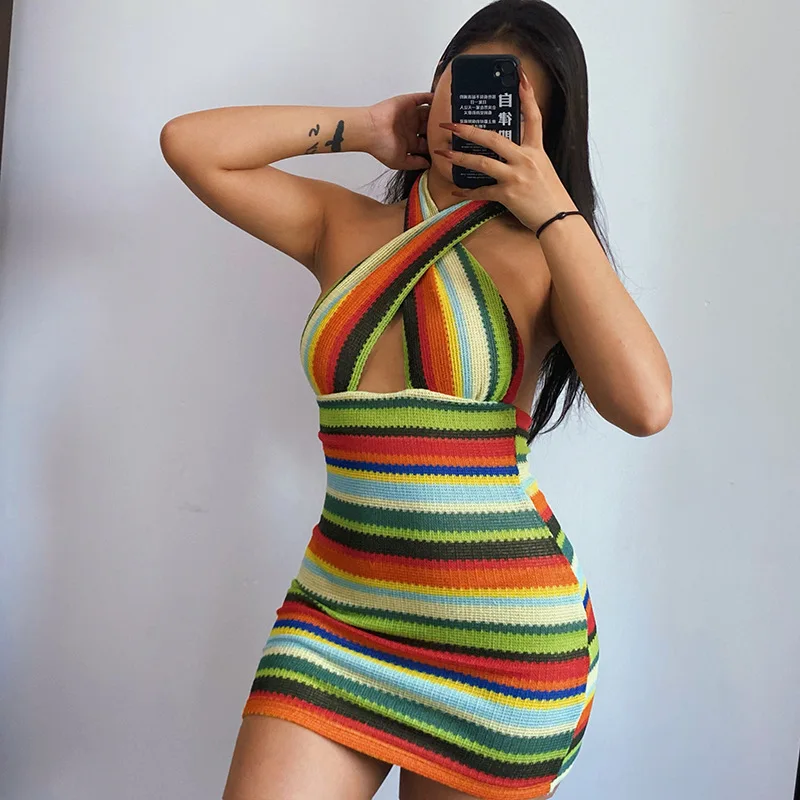 

High quality colorful striped slim sexy halter cross halterneck suspender short dress, Customized color