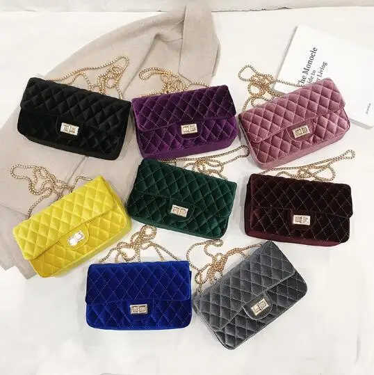 

2020 Large Capacity fall purses new velvet crossbody handbag rhombus fashion chain shoulder square Ladies bags, 8 colors as picture