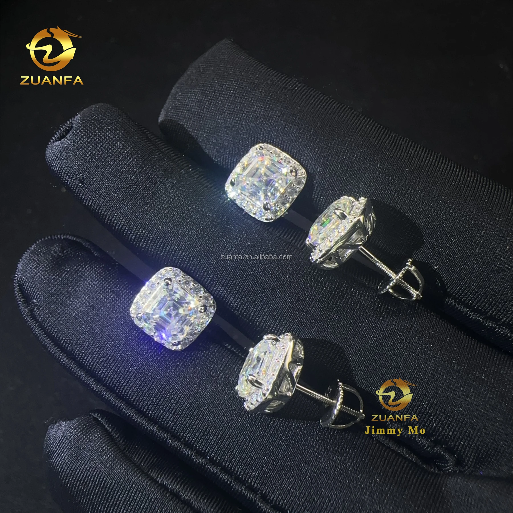 Ready to Ship Bulk Stock Pass Diamond Testser Iced Out Hip Hop Sterling Silver Square Asscher Moissanite Diamond Stud Earrings