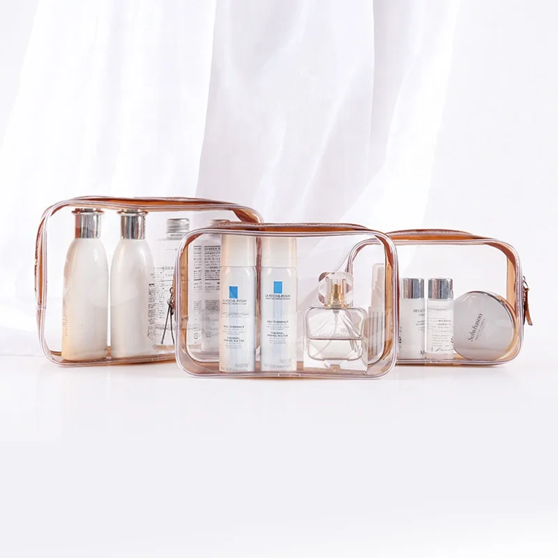 

Wholesale Waterproof Clear Makeup Bag Travel Pouch Toiletry Bags Transparent PVC Brown Cosmetic Bag, Customized color