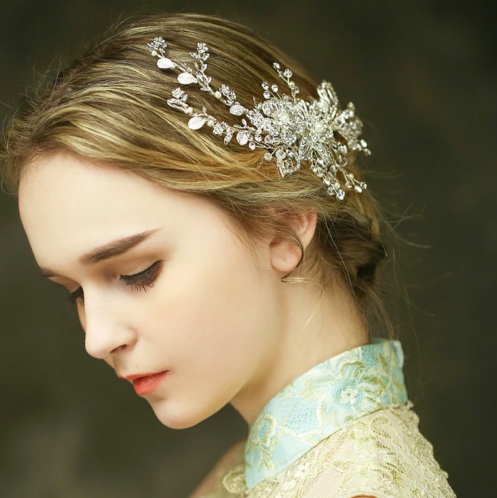 

New stunning floating embellished handmade barrettes antique silver flower headpiece hair ornaments for women diamond jewelry
