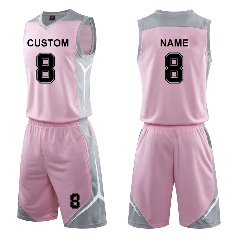 

Wholesale custom mesh team pink basketball jersey set, Custom color
