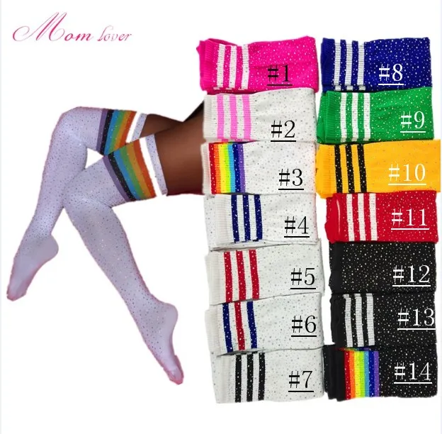 

Sexy Knit Knee High White & Black Striped bling compression rhinestone socks Women Long Thigh High Socks