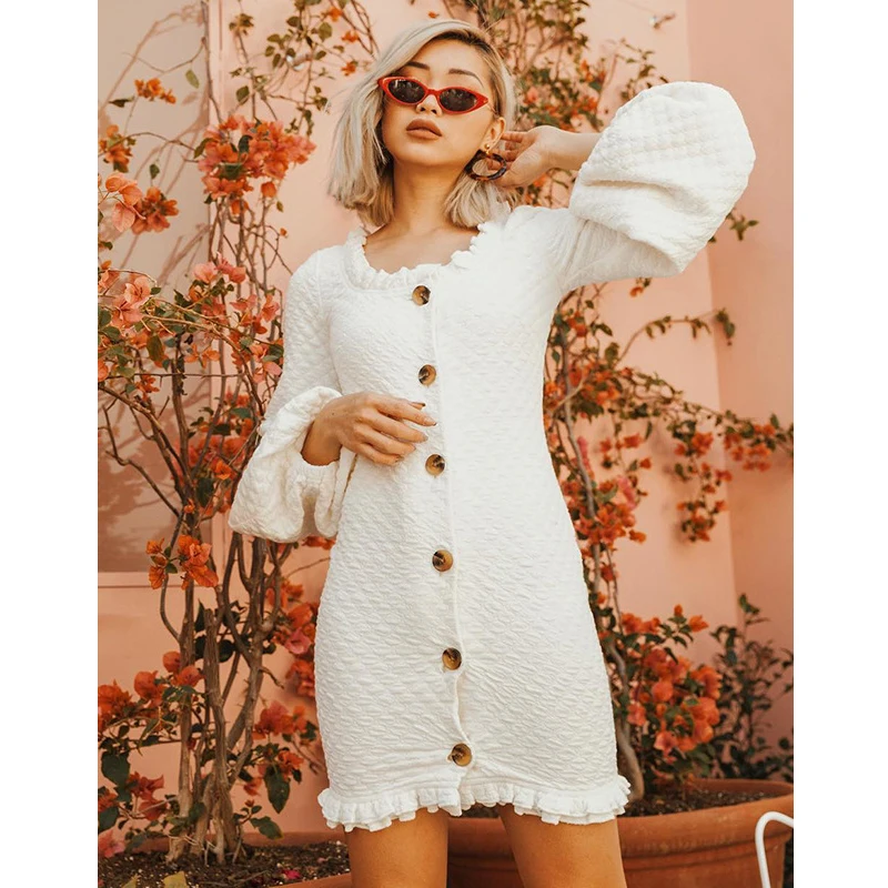 

Winter Best selling High quality ruffled square collar ladies white casual dress women midi dress women puff long sleeve dress, Multi color optional