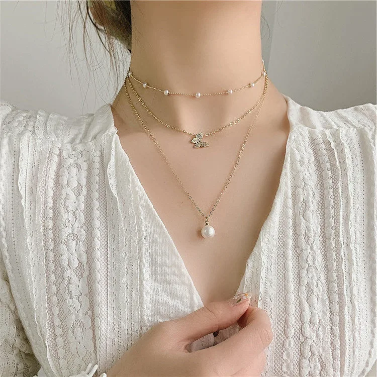 

Wholesale new design gold plated 3 layer butterfly shaped choker pendant necklaces for women jewelry