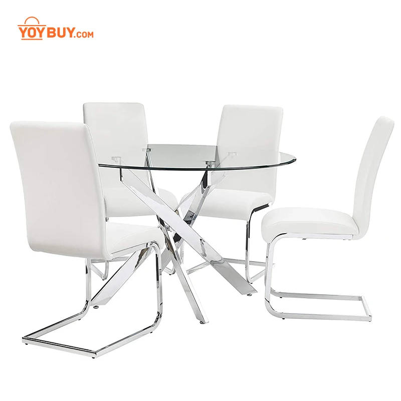 
YOYBUY 1 Table+4 Chairs Modern Faux Leather Stainless Steel Dining Kitchen Living Room Table Chair Sets Furniture sets 