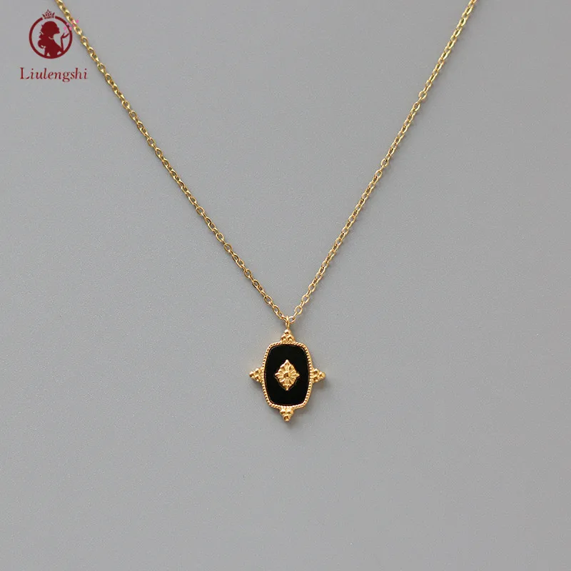 

Jewelry Gold Plated Geometric Pendant Necklace Stainless Steel Black Enamel Embossed Image Square Pendant Necklace