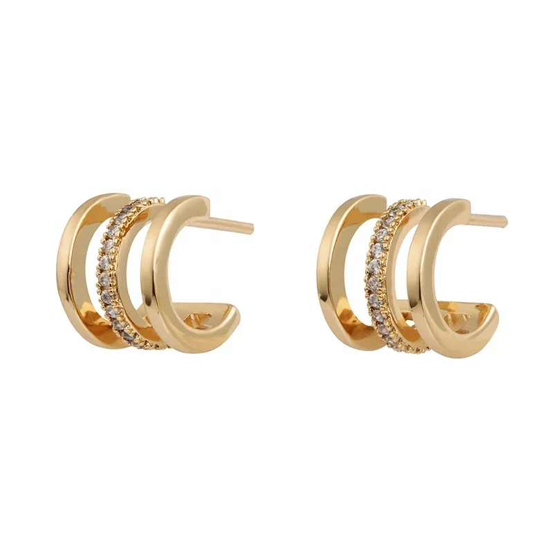 

Milskye New S925 sterling silver 18K gold plated classic triple pave gold huggie earrings