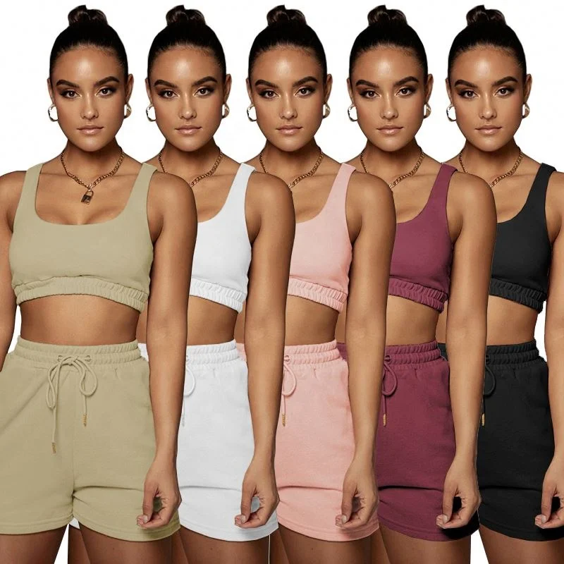 

Summer 2021 New Crop Top Vest And Short Pants Matching Tracksuit Outfit Running Two Piece Biker Sets