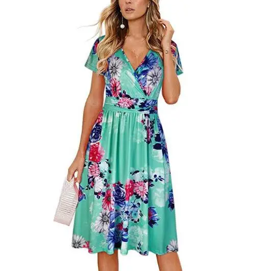 

2020 new women's printed cross V necktie pocket short sleeve dress dress