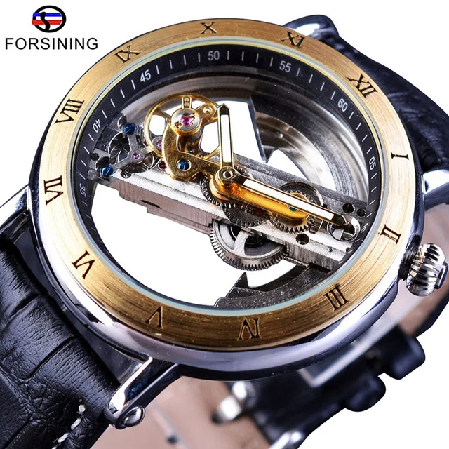 

FORSINING Top Brand Luxury Retro Minimalist Transparent Automatic Movement Waterproof Genuine Belt Fashion Mechanical Mens Watch, 4-colors