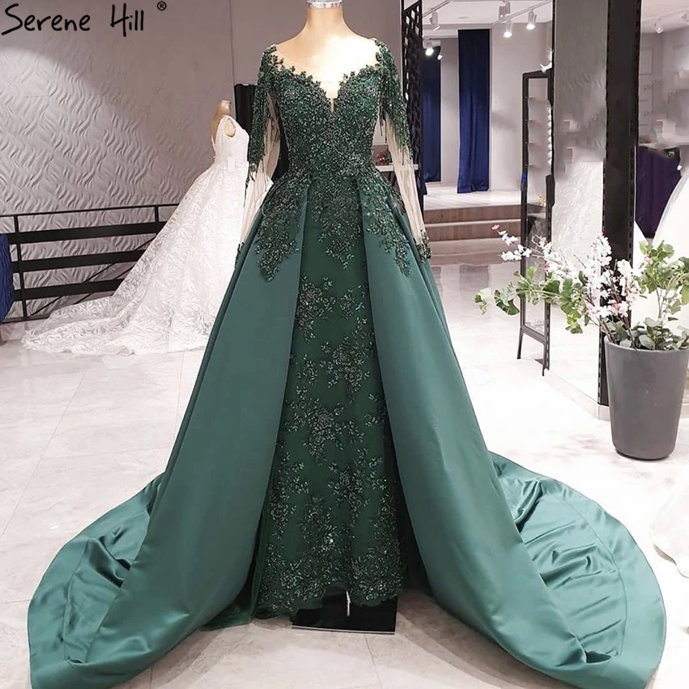 

Serene Hill 2021 Luxury Green Stain Long Sleeves Evening Party Dresses Beading Mermaid Woman Formal Gowns With Train LA70792