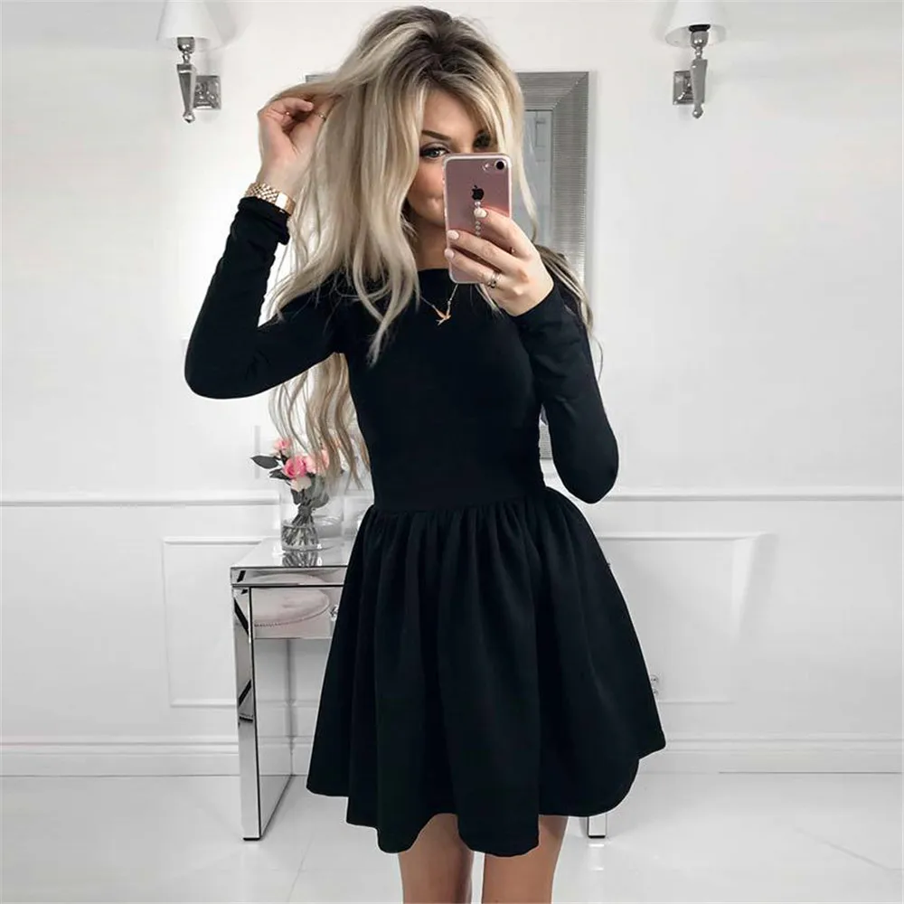

Hkred European and American summer round collar A word pure color long sleeve dress