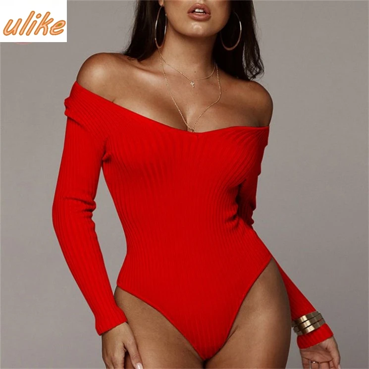 

hot sale sexy v neck romper woman long sleeve rib solid color beachwear Clothes Women Bodysuit for Women