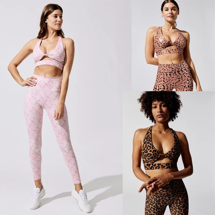 

High waist yoga pants pink leopard fitness leggings sets oem activewear sport bra yoga wear gym clothes for women