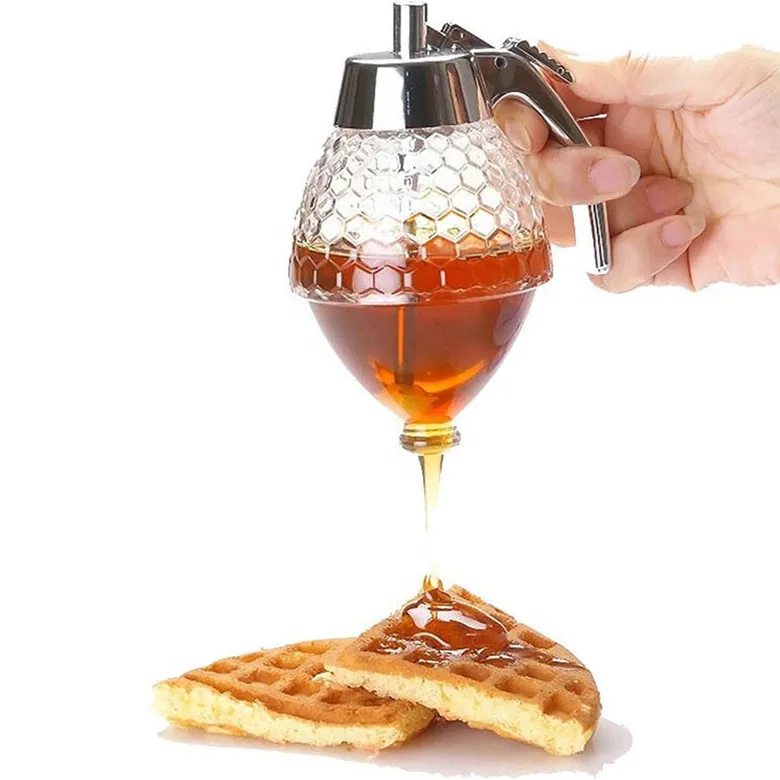 

200ml Honey Dispenser No Drip Plastic ABS Maple Syrup Honeycomb Comb Shaped Juice Honey Pot 6oz 8oz with Stand, As picture or customized