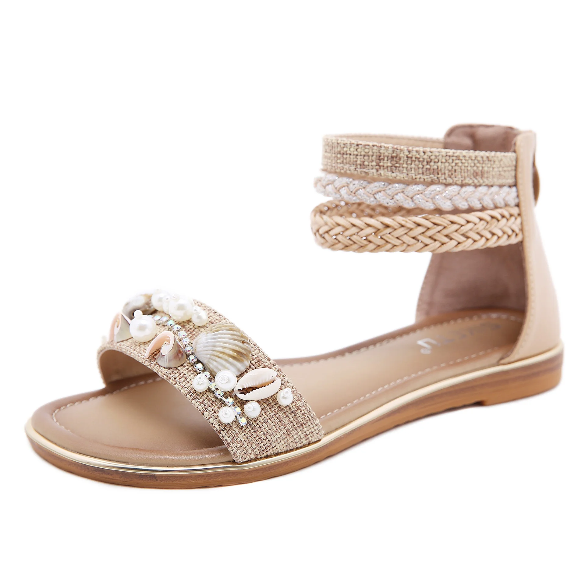 

S0378A ethnic style sandals women's cross-border natural color shell beaded slope with retro Roman sandals