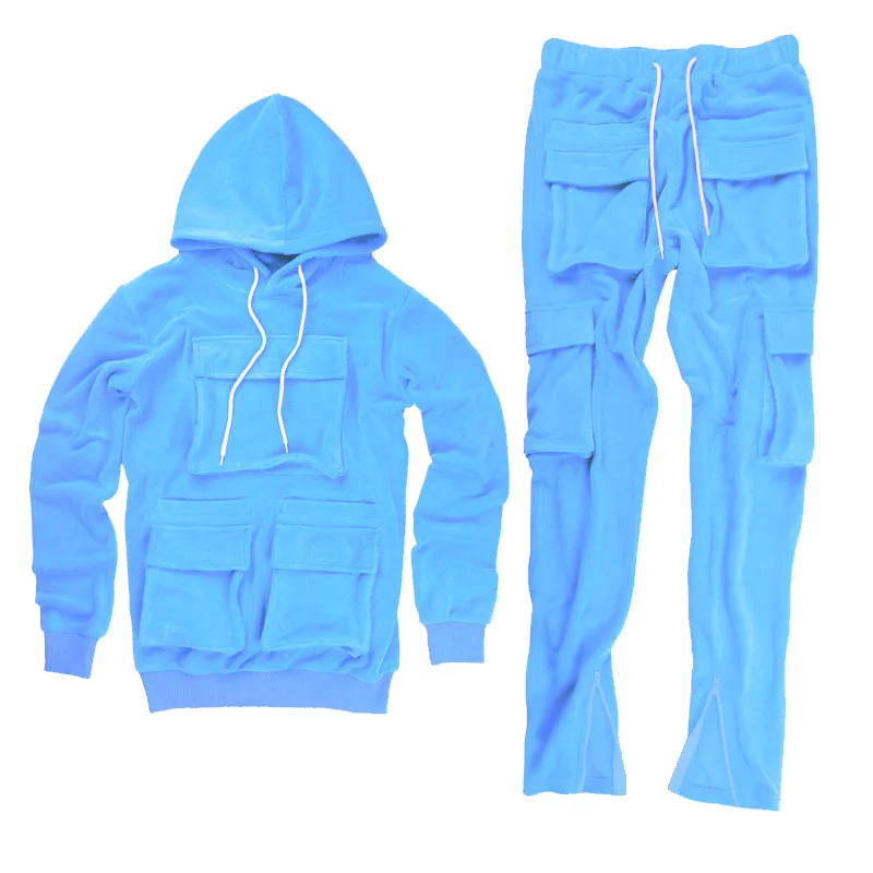 

Fall and Winter Streetwear Fleece 2 Piece Set Men Cargo Tracksuits Pockets Long Pants And Hoodie Jogging Suits For Men