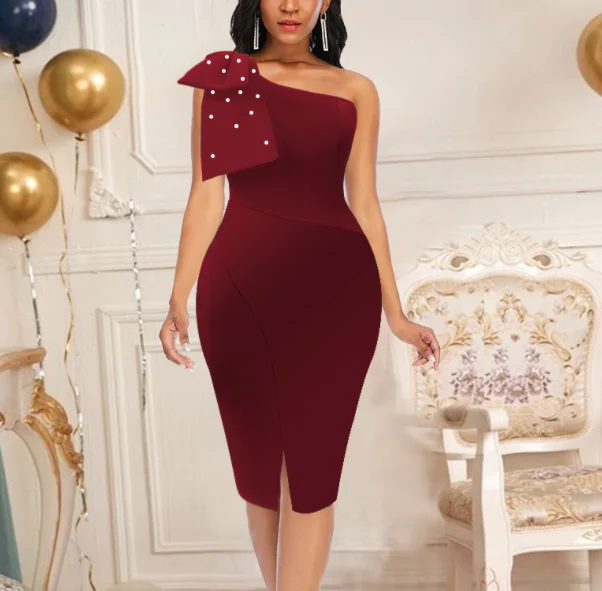 

Party Beading Bow One Shoulder Sleeveless Bodycon Christmas Ladies Prom Dress