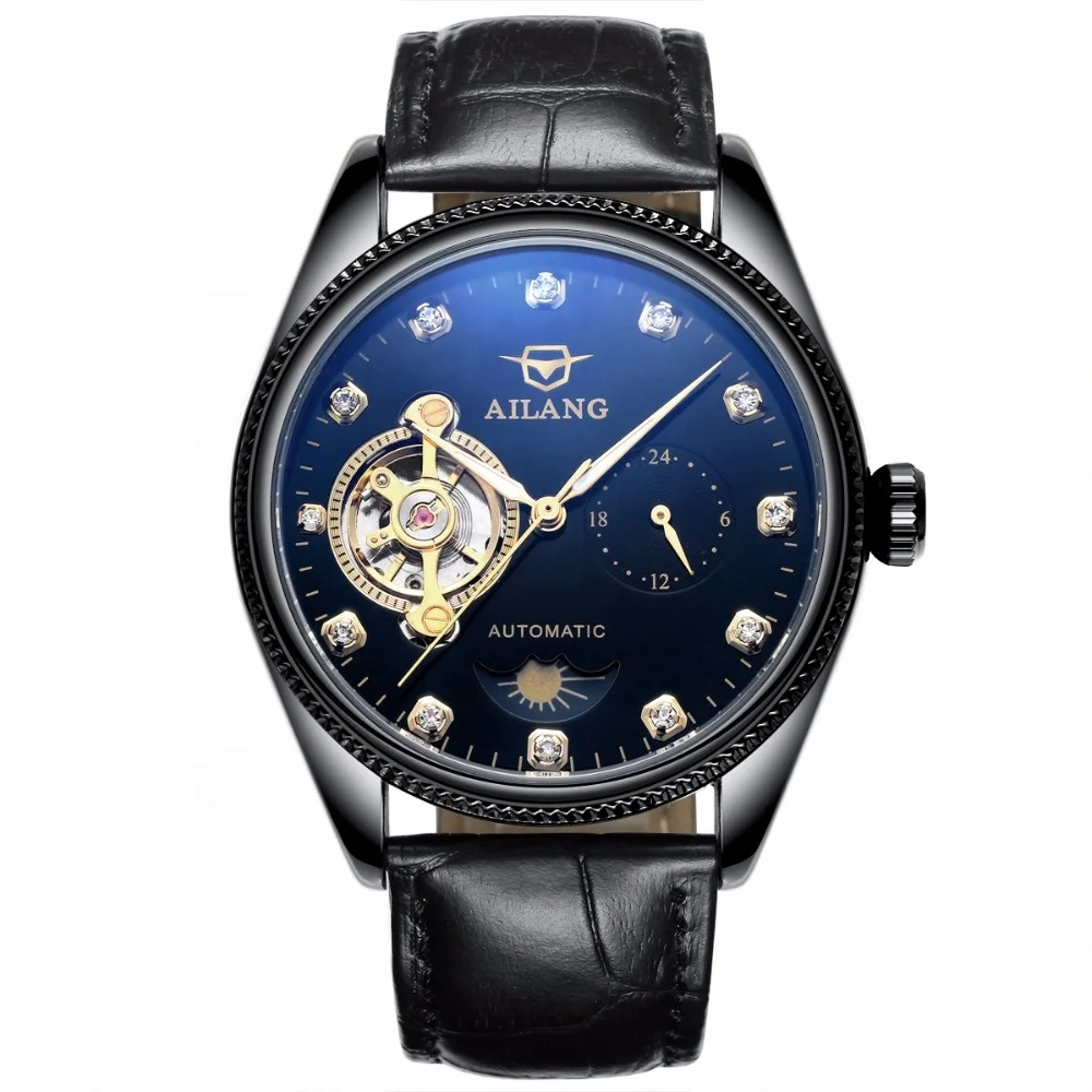 

AILANG 8503G Luxury Hardlex Diamond Watch Automatic Mechanical Leather Band Wristwatch Diamond Decoration Men Watch