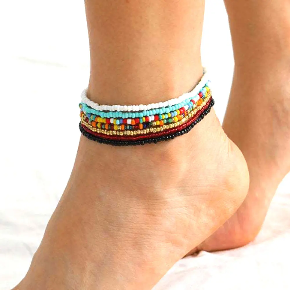 

boho elastic cord african glass seed beads ankle bracelets for women, Colorful