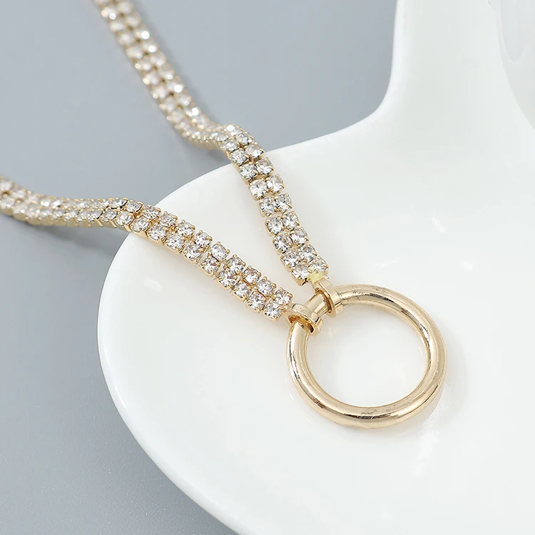 

European Simple Real Gold Plated CZ Tennis Chain Necklace Rhinestone Crystal Tennis Chain Gold Circle Pendant Necklace, Picture color
